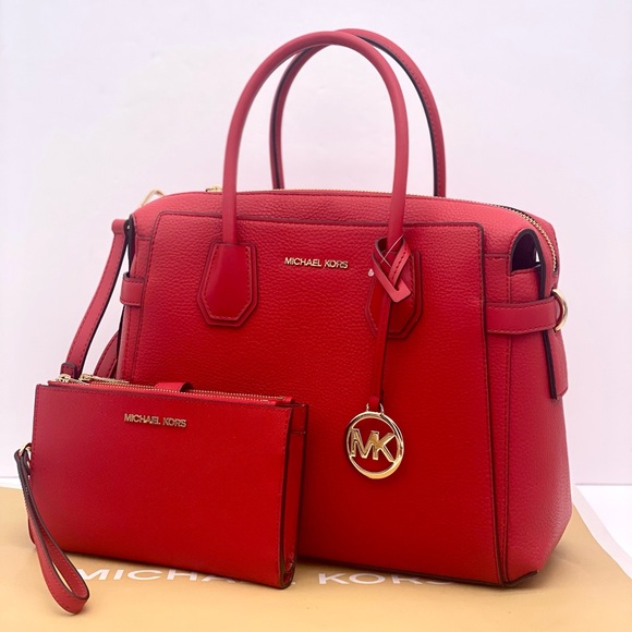 Michael Kors Mercer Medium Belted Satchel Crossbody And Wallet Set Bright Red - Picture 1 of 15